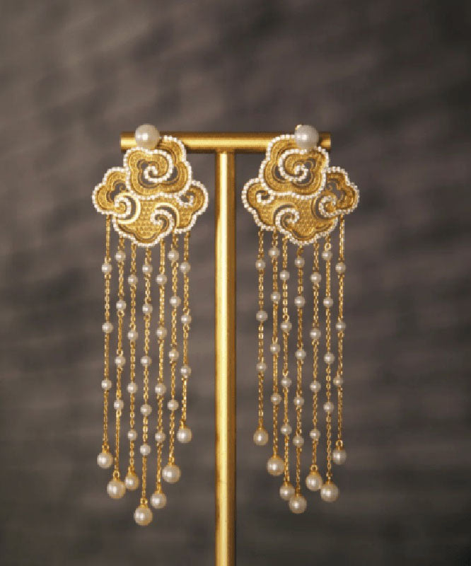 Boucles d'oreilles pendantes vintage en argent sterling doré et zircons, nuages ​​de bon augure, perles et pompons - Urbann-Vibe