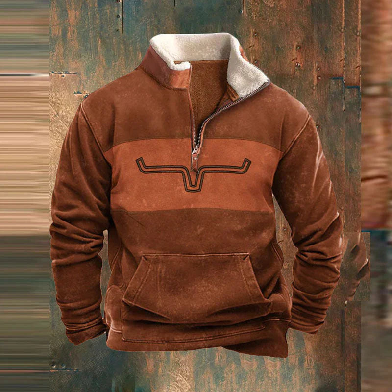 Men's gray western quarter-zip sweatshirt with bold printed sleeves and high collar