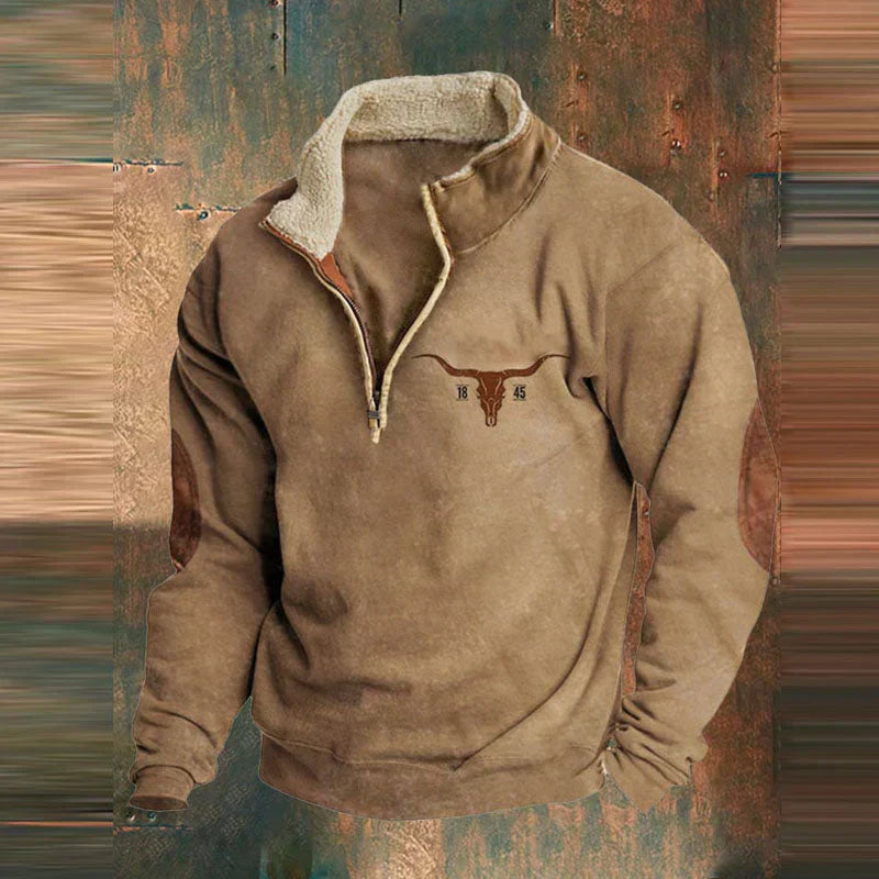 Men's gray western quarter-zip sweatshirt with bold printed sleeves and high collar