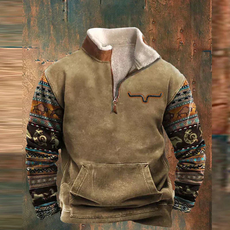 Men's gray western quarter-zip sweatshirt with bold printed sleeves and high collar