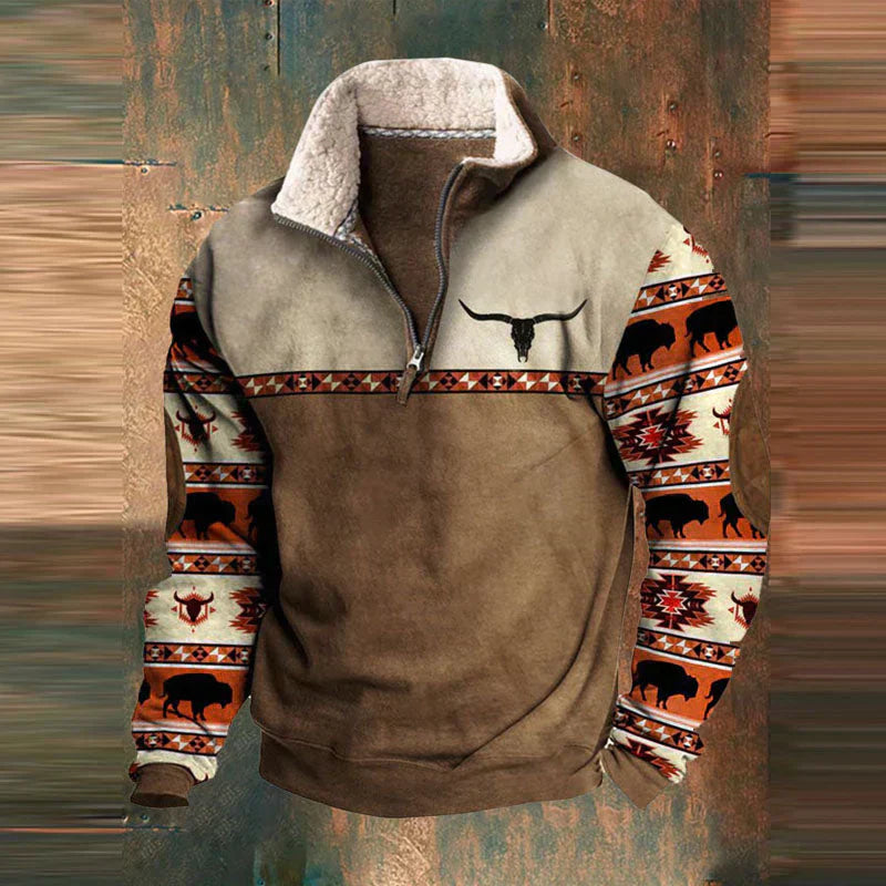 Men's gray western quarter-zip sweatshirt with bold printed sleeves and high collar