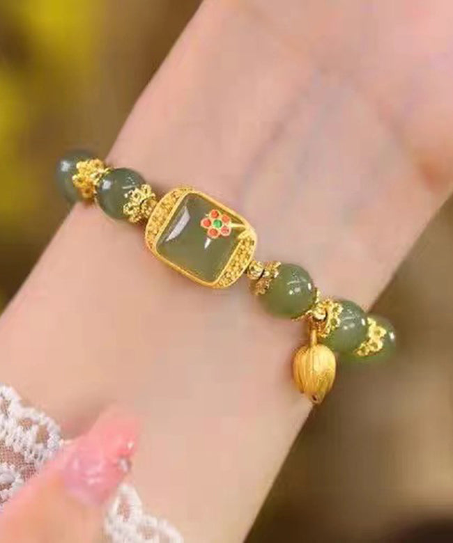 Bracelet à breloques vintage en argent sterling vert et jade surdoré avec lotus - Urbann-Vibe