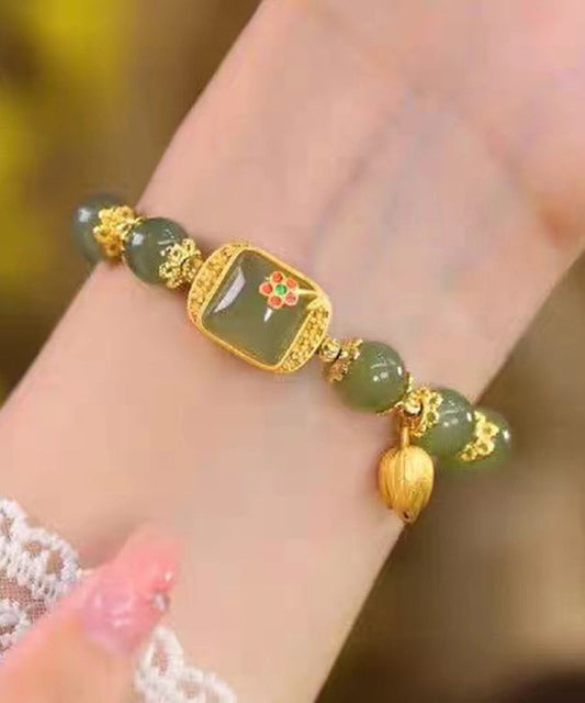 Bracelet à breloques vintage en argent sterling vert et jade surdoré avec lotus - Urbann-Vibe