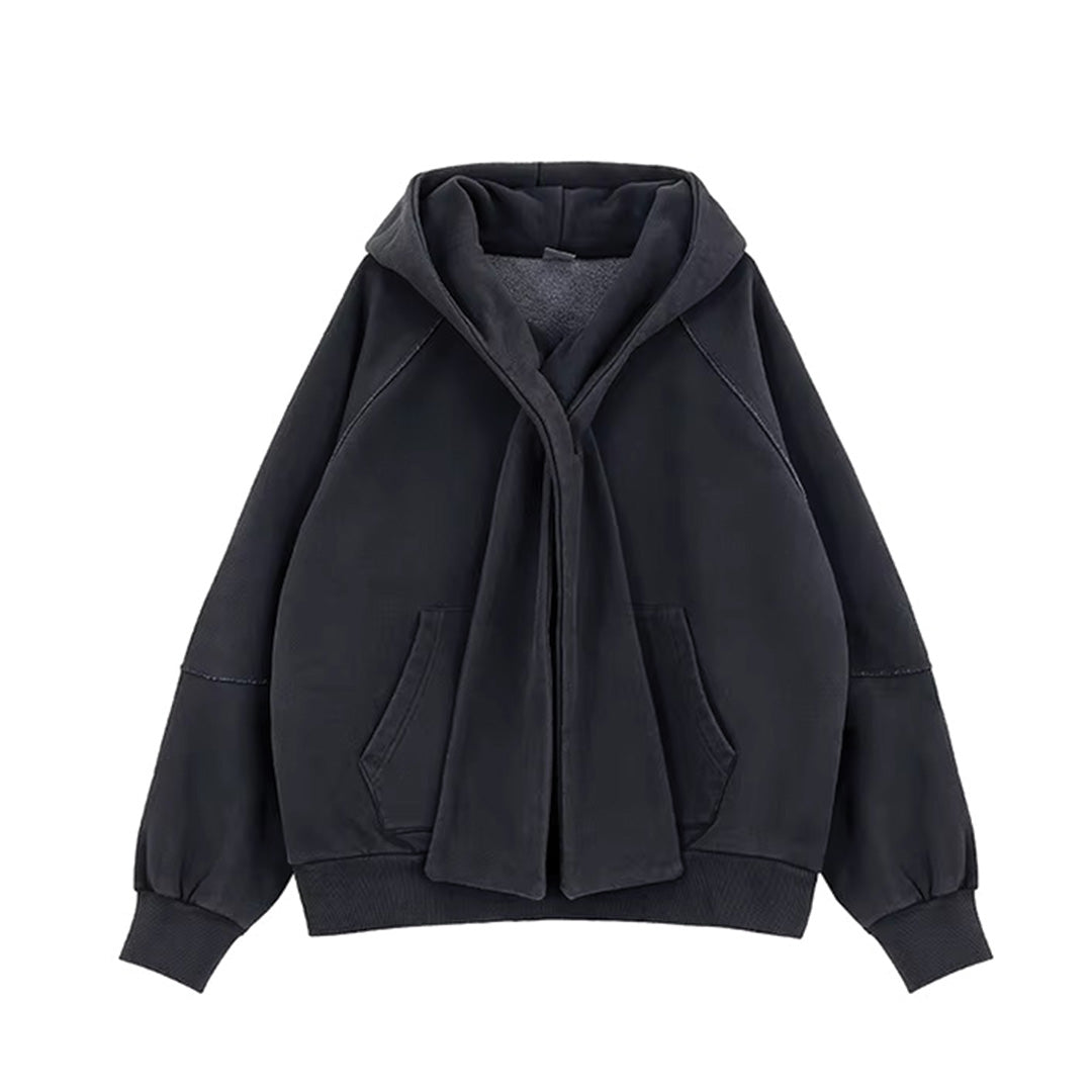 Loose fit patchwork hoodie with irregular tie design in mixed tones, cotton-polyester streetwear blend