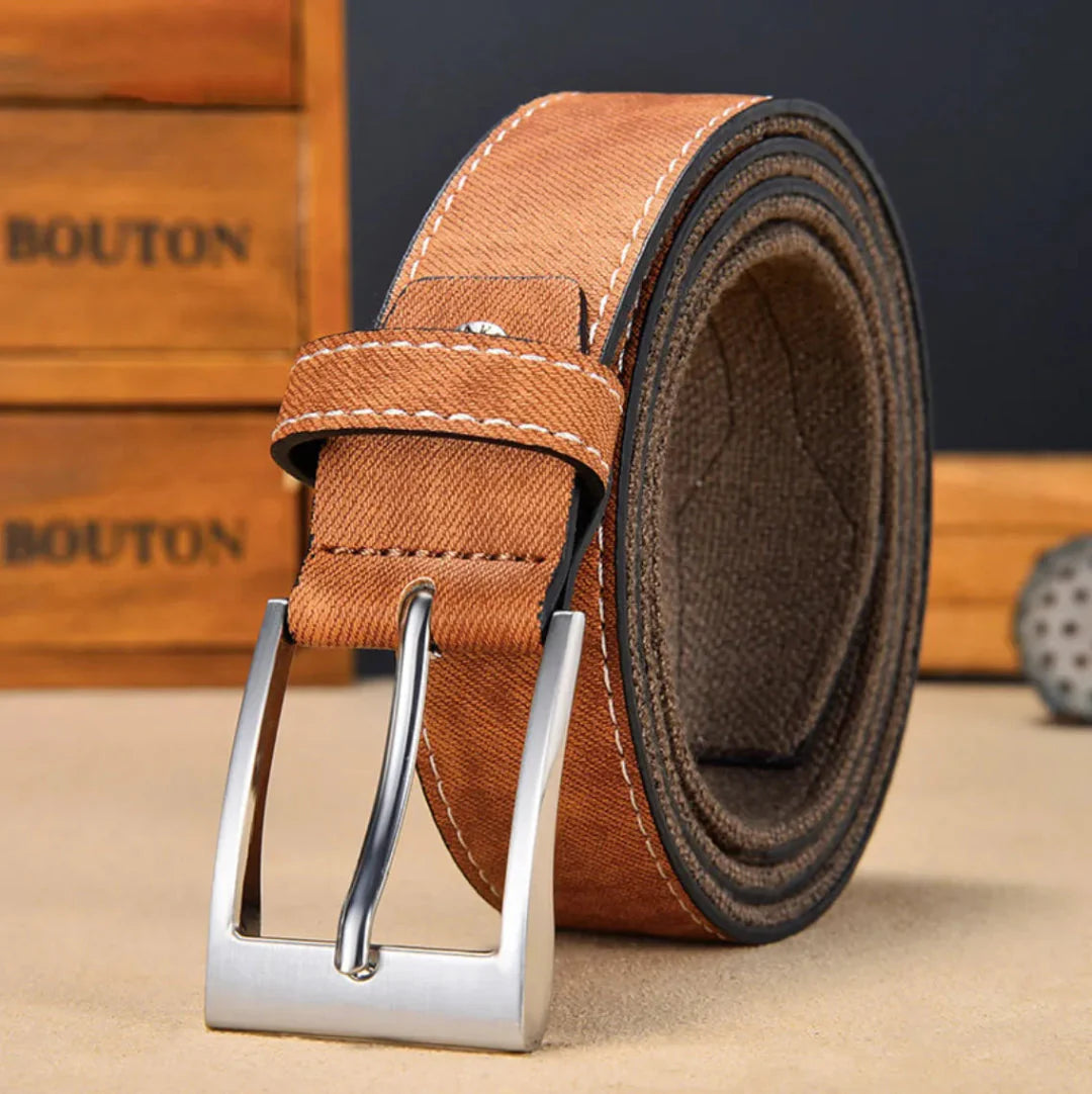 Men's crazy horse full-grain leather belt vintage-inspired style with sturdy metal buckle, brown