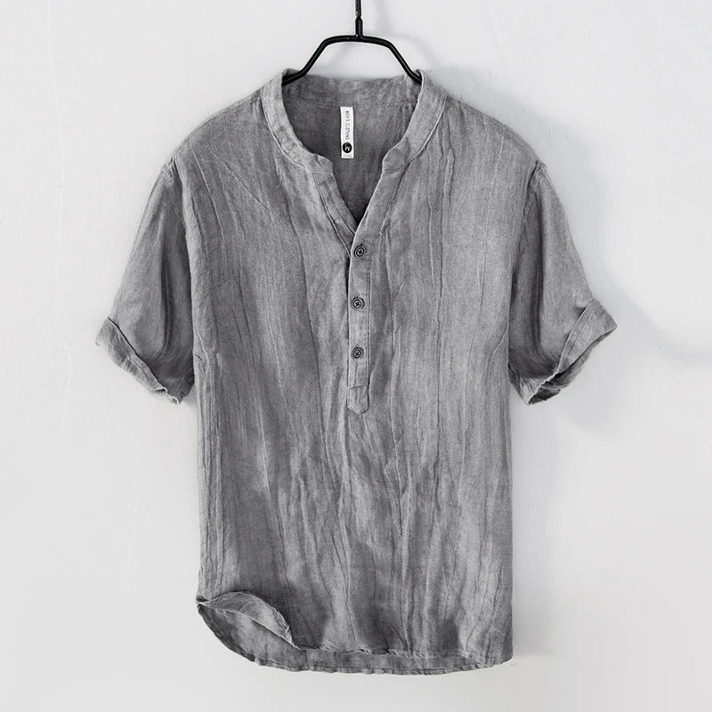Gaferino men's linen shirt in gray relaxed summer fit with breathable premium fabric collar detail