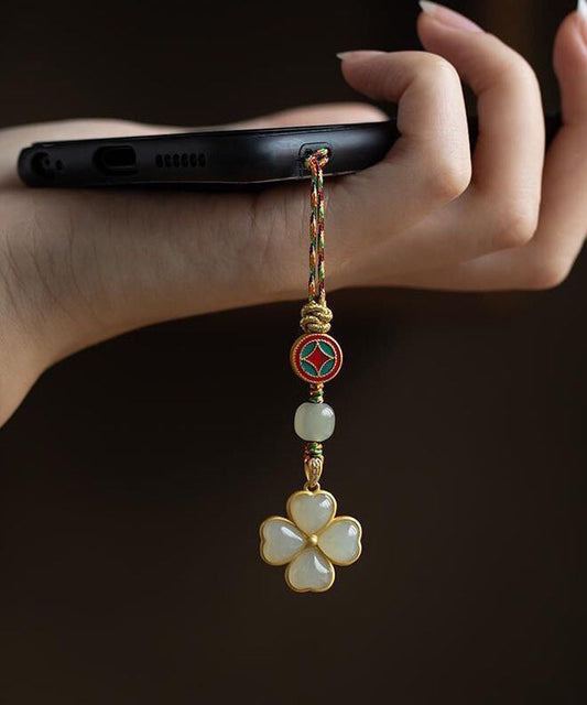 Chaînes de téléphone vintage en argent sterling multicolore incrustées de jade, motif trèfle à quatre feuilles - Urbann-Vibe