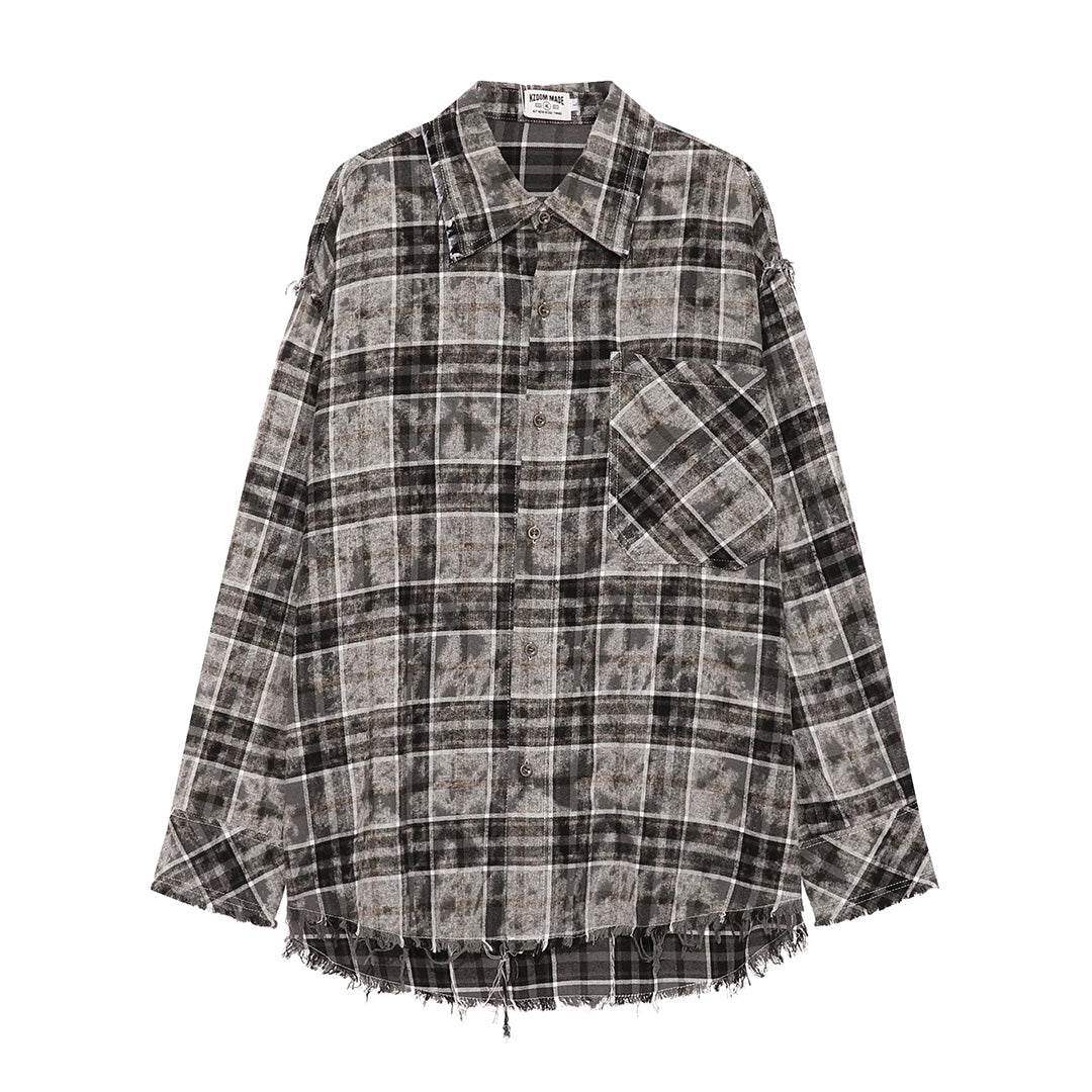 Oversized plaid cotton-blend button-down shirt with frayed distressed edges for bold casual style