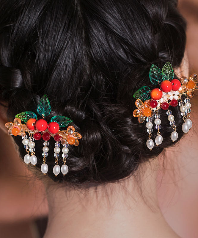 Paire d'épingles à cheveux vintage en cuivre doré à l'arc-en-ciel et pompon en forme de feuille d'aubépine. - Urbann-Vibe