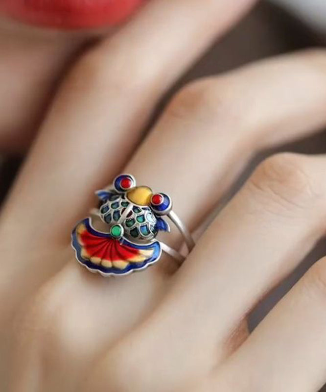 Bagues vintage en argent sterling avec motif carpe brodée et émaillée arc-en-ciel - Urbann-Vibe