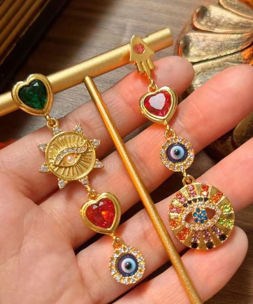 Boucles d'oreilles pendantes asymétriques en argent sterling arc-en-ciel avec zircons surdorés et émail émaillé - Urbann-Vibe