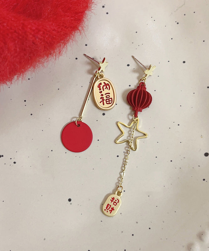 Boucles d'oreilles pendantes asymétriques vintage en alliage d'argent sterling rouge, motif lanterne étoilée - Urbann-Vibe