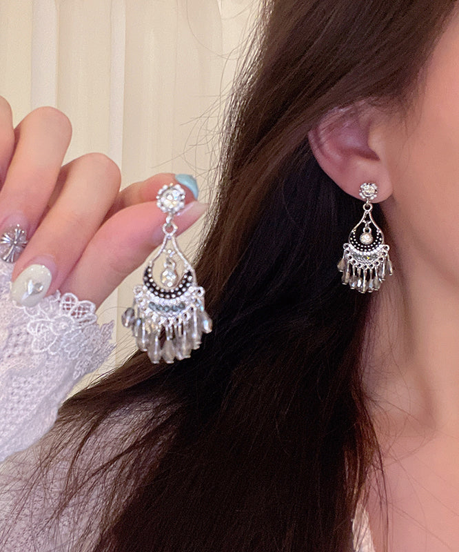 Boucles d'oreilles pendantes vintage en alliage de soie et cristal de zircon avec pompon et carillon éolien - Urbann-Vibe