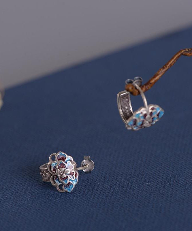 Boucles d'oreilles à tige en argent sterling et soie vintage avec fleur de pivoine cloisonnée - Urbann-Vibe