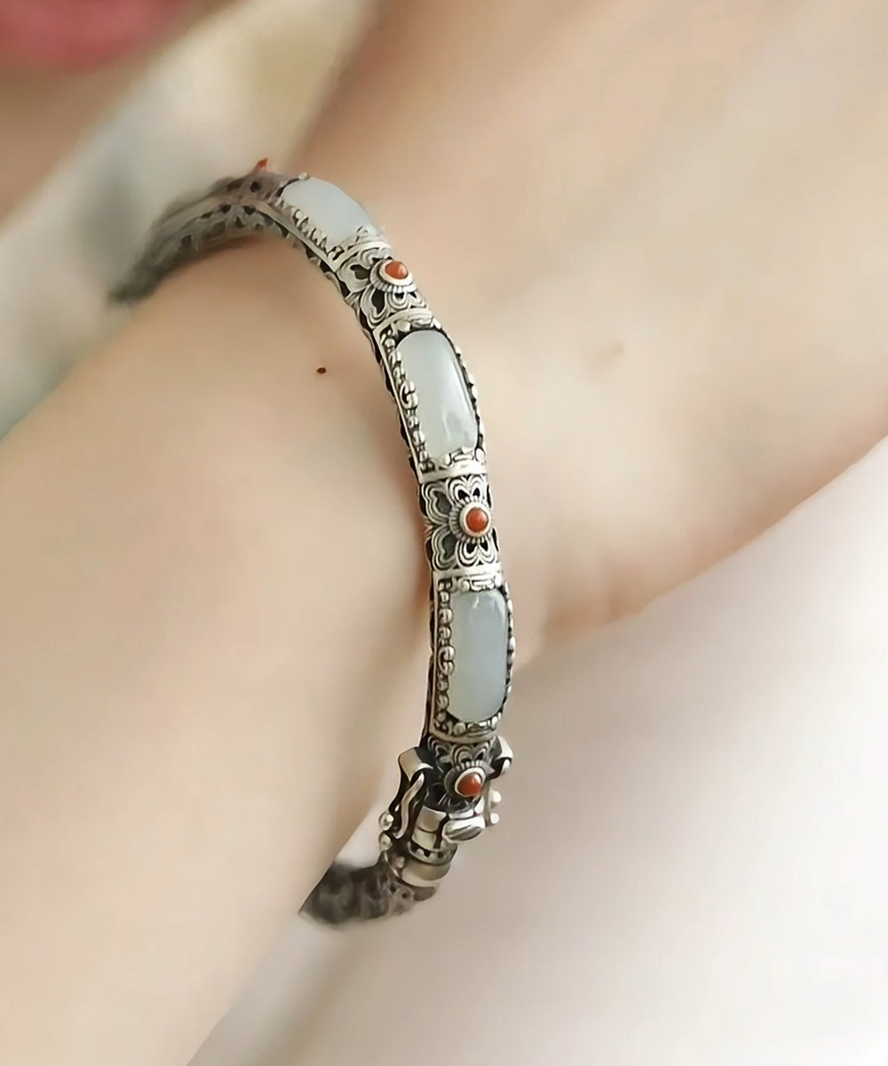 Bracelet jonc vintage en soie, argent sterling, jade et agate ajourée - Urbann-Vibe