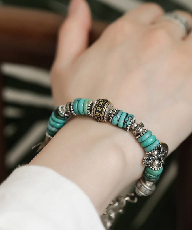 Bracelet à breloques vintage en argent sterling et soie avec perles turquoise - Urbann-Vibe