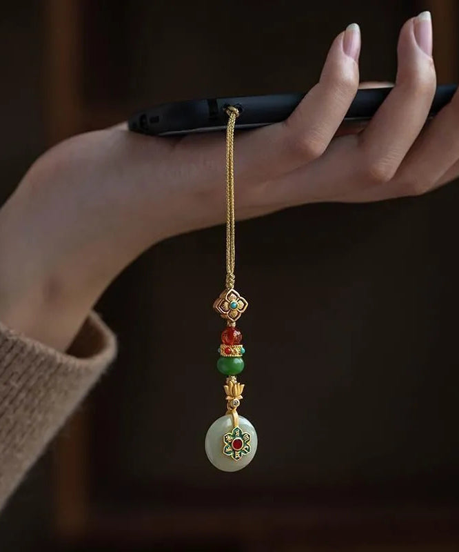 Chaînes de téléphone vintage en argent doré jaune, jade et turquoise, avec lotus et trèfle à quatre feuilles - Urbann-Vibe
