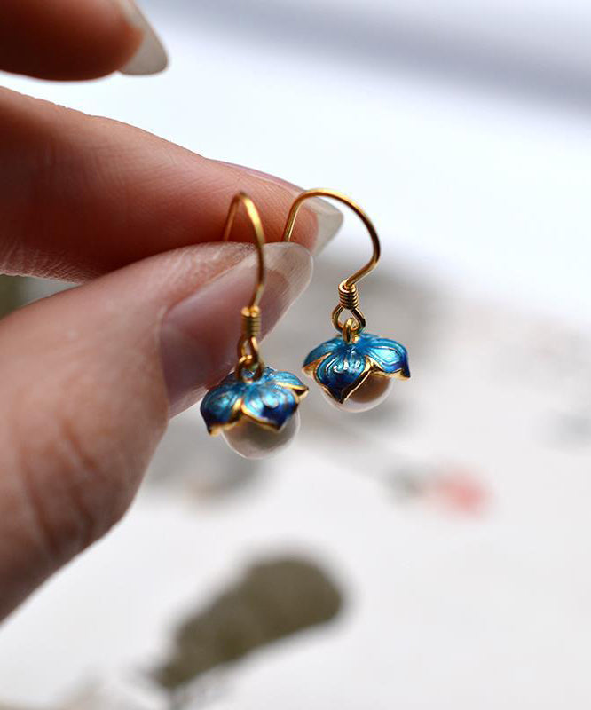 Boucles d'oreilles pendantes vintage en argent sterling jaune surdoré avec perles et émail cloisonné - Urbann-Vibe