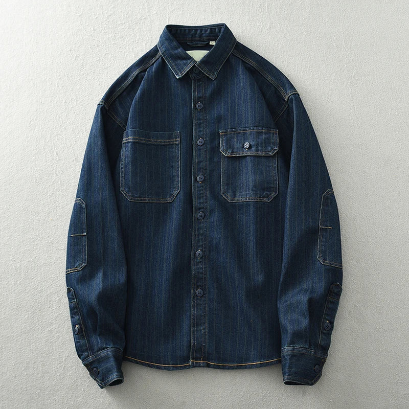 Roberto Russo men's vintage denim shirt blue striped pattern 100% cotton slim everyday casual fit