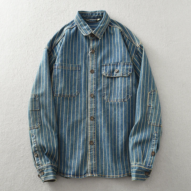 Roberto Russo men's vintage denim shirt blue striped pattern 100% cotton relaxed everyday fit