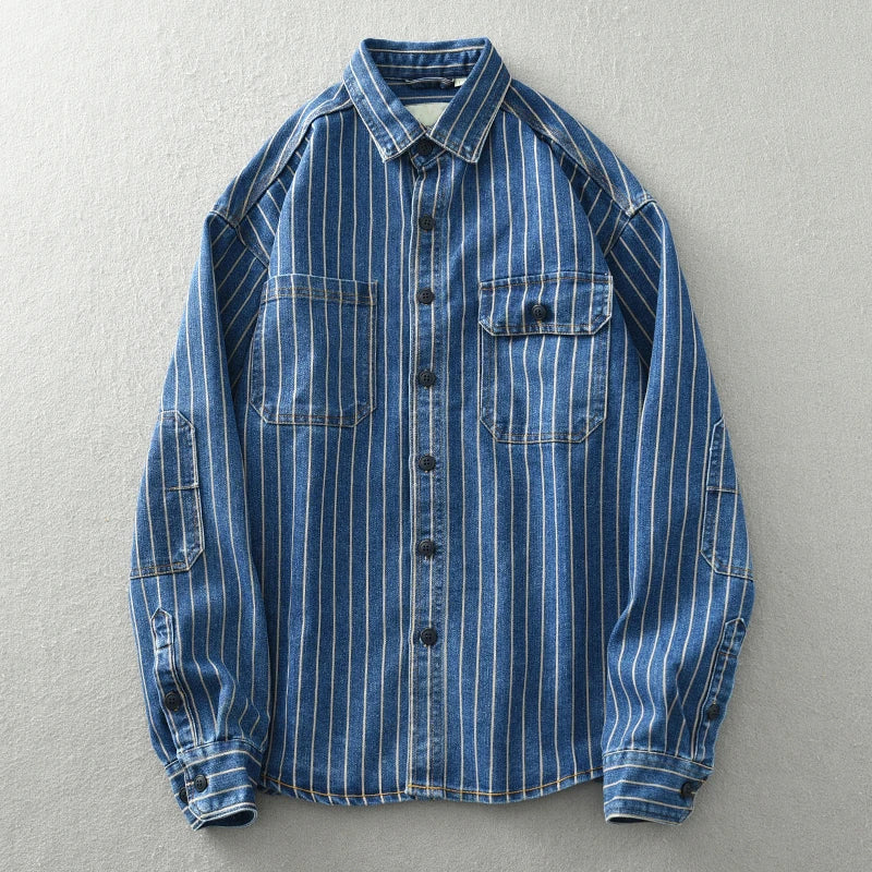 Roberto Russo men's vintage denim shirt blue striped vertical pattern 100% cotton relaxed fit