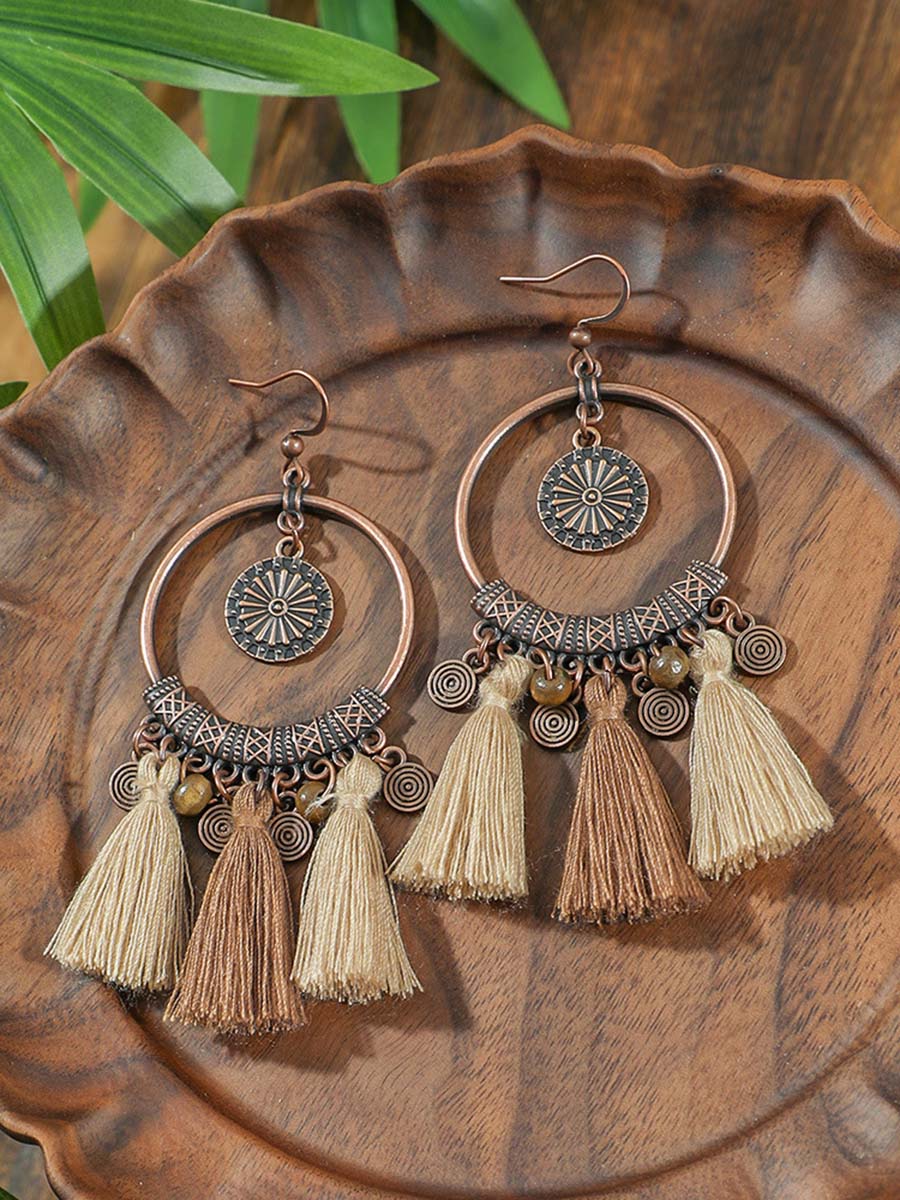 Vintage boho tassel necklace and earring set, distressed finish, lightweight for festival and beach styling