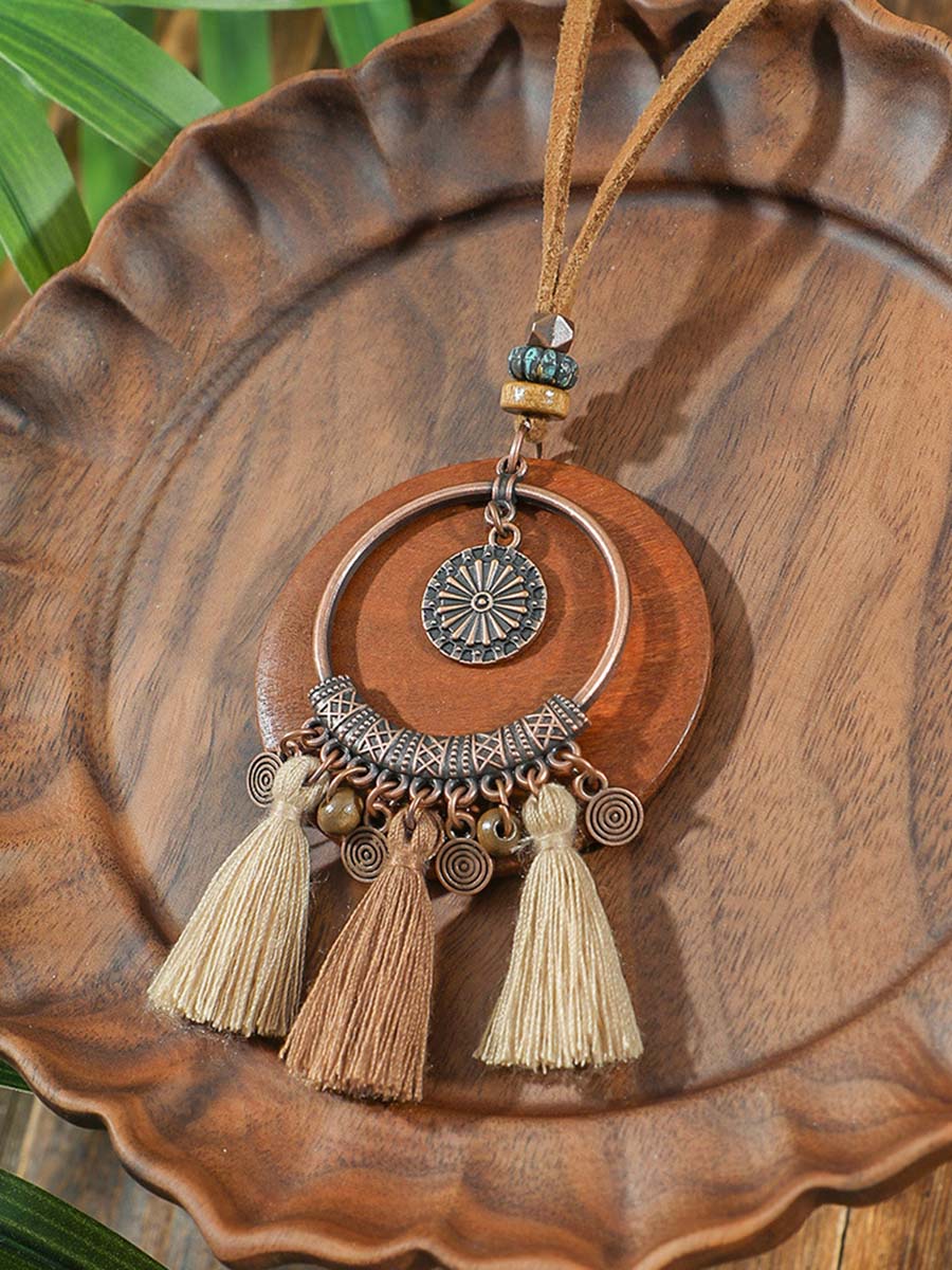 Vintage boho tassel necklace and earrings set with distressed finish, lightweight festival jewelry