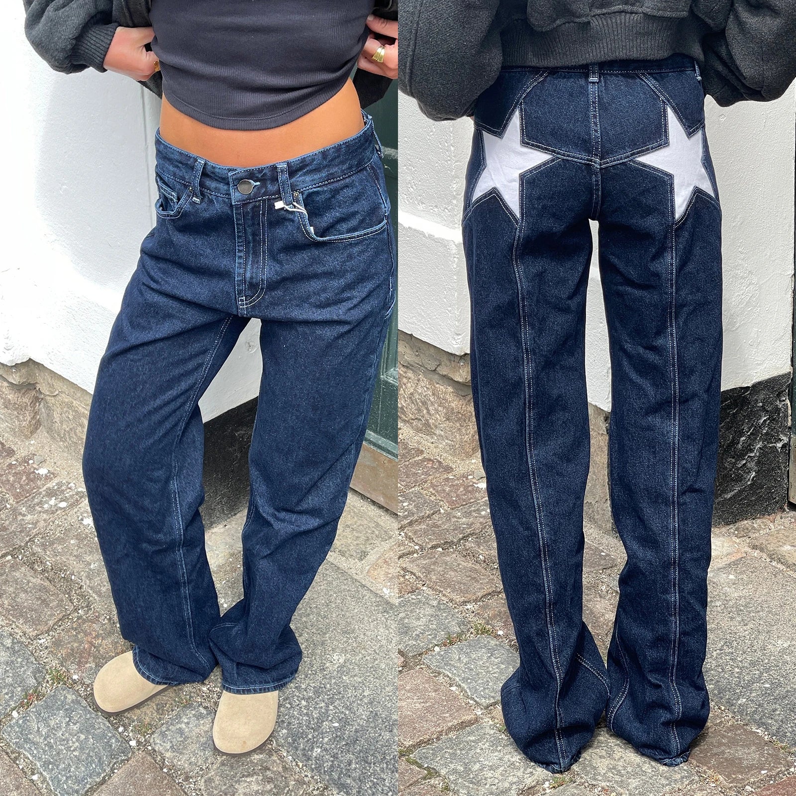 Women's vintage loose fit jeans with playful all-over star pattern print, relaxed silhouette for casual daily wear