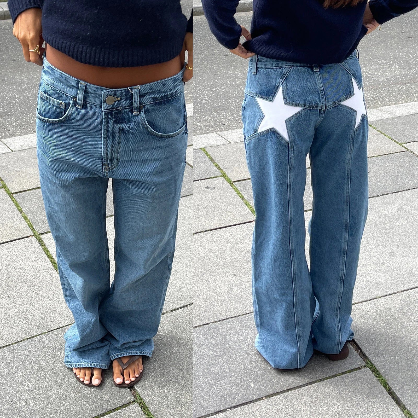 Women's vintage loose fit jeans with playful star pattern print, relaxed silhouette for casual daily wear