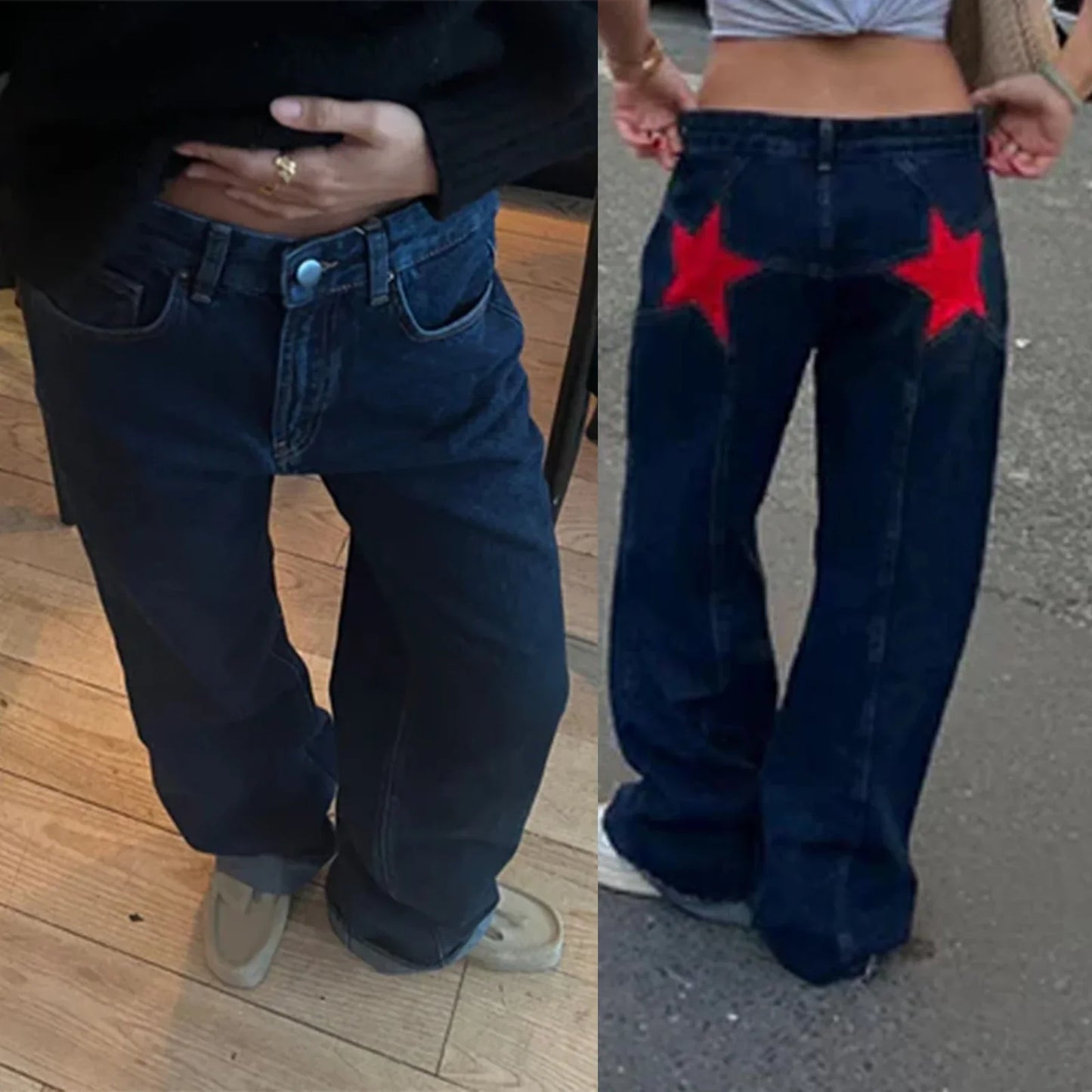 Women's vintage loose fit jeans with playful star pattern print, relaxed silhouette for casual everyday wear