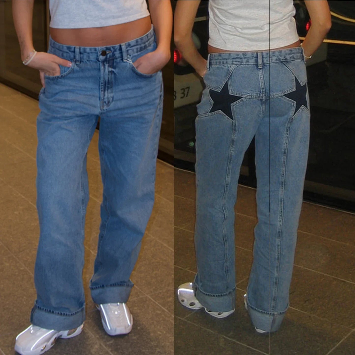 Women's vintage loose fit jeans with playful all-over star pattern print, relaxed silhouette for casual everyday wear
