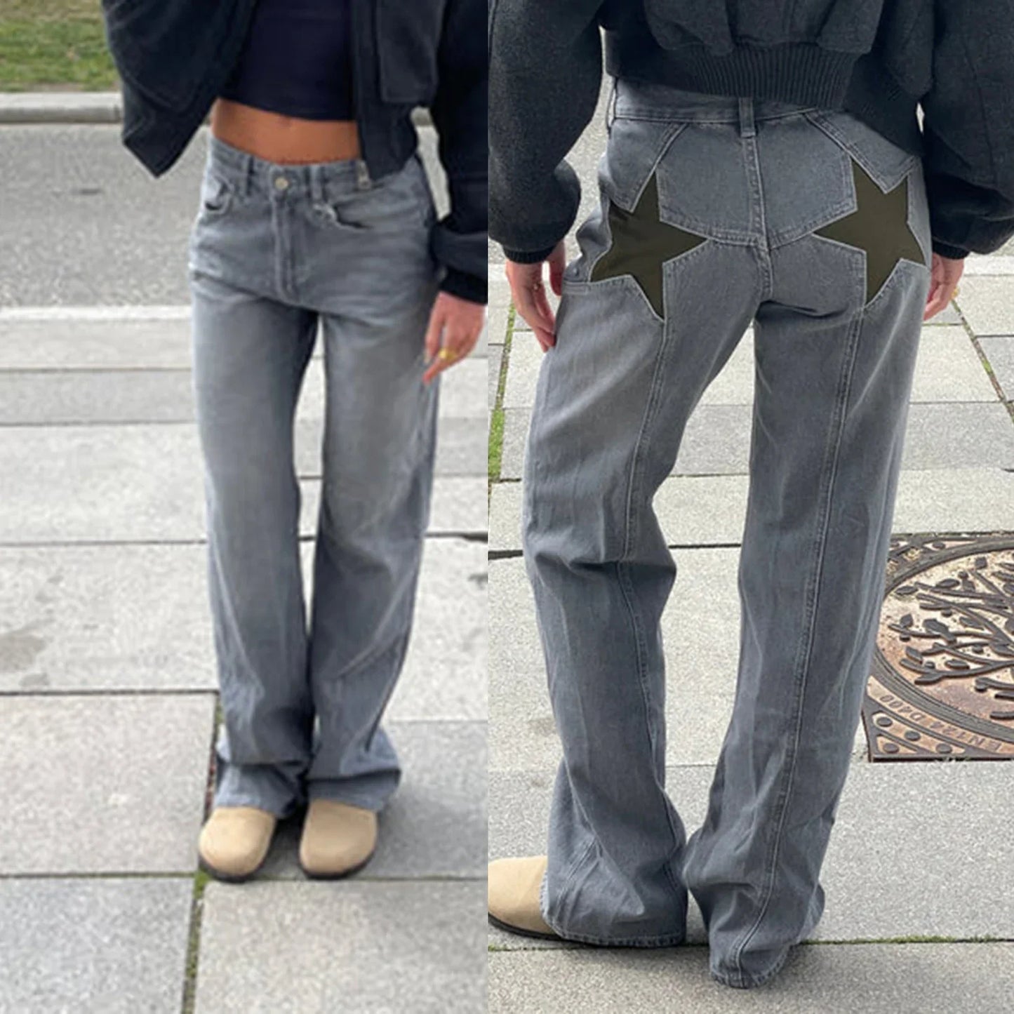 Women's vintage loose fit jeans with playful all-over star pattern print, relaxed silhouette for casual wear