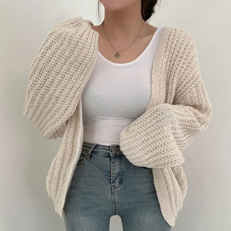 Women's chunky knit open-front cardigan oversized lantern sleeves relaxed slouchy fit cozy layering