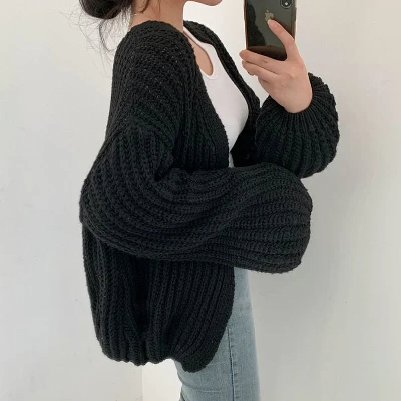 Women's chunky knit open-front cardigan oversized lantern sleeves relaxed slouchy fit cozy layering