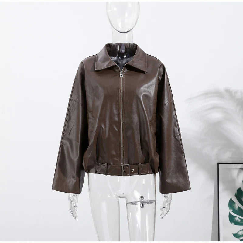 Women's brown vintage faux leather bomber jacket oversized relaxed fit with belt detail