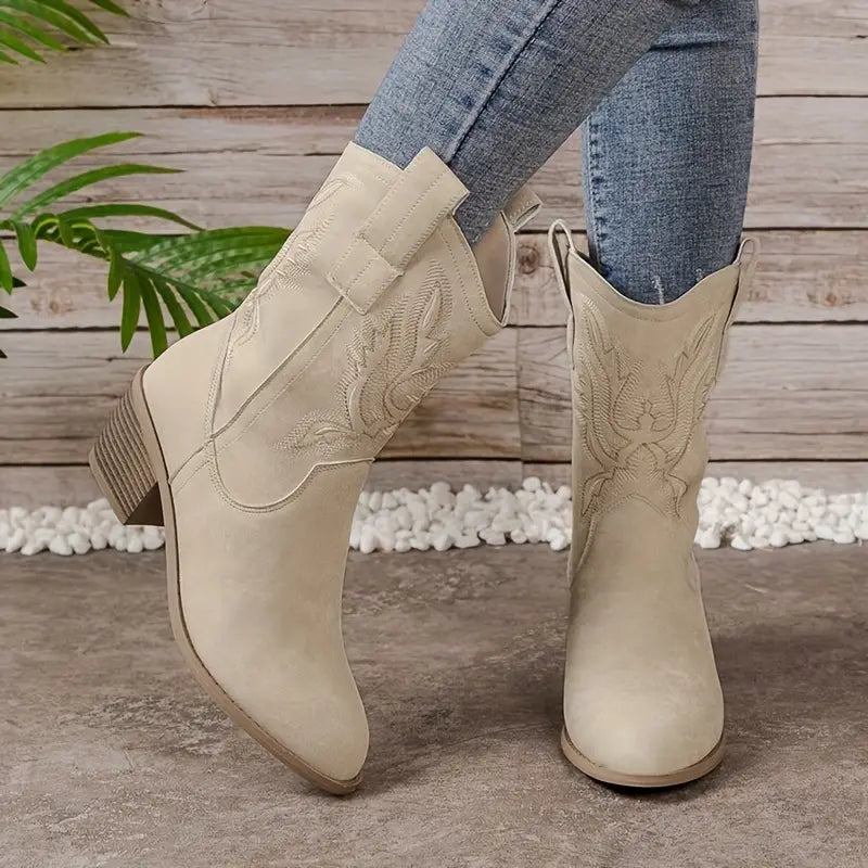 Women's vintage western cowboy boots with V-mouth embroidery, block heel, all-day comfort