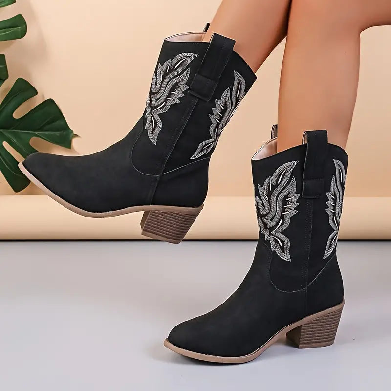 Women's vintage western cowboy boots with V-mouth embroidery, block heel, and all-day comfort