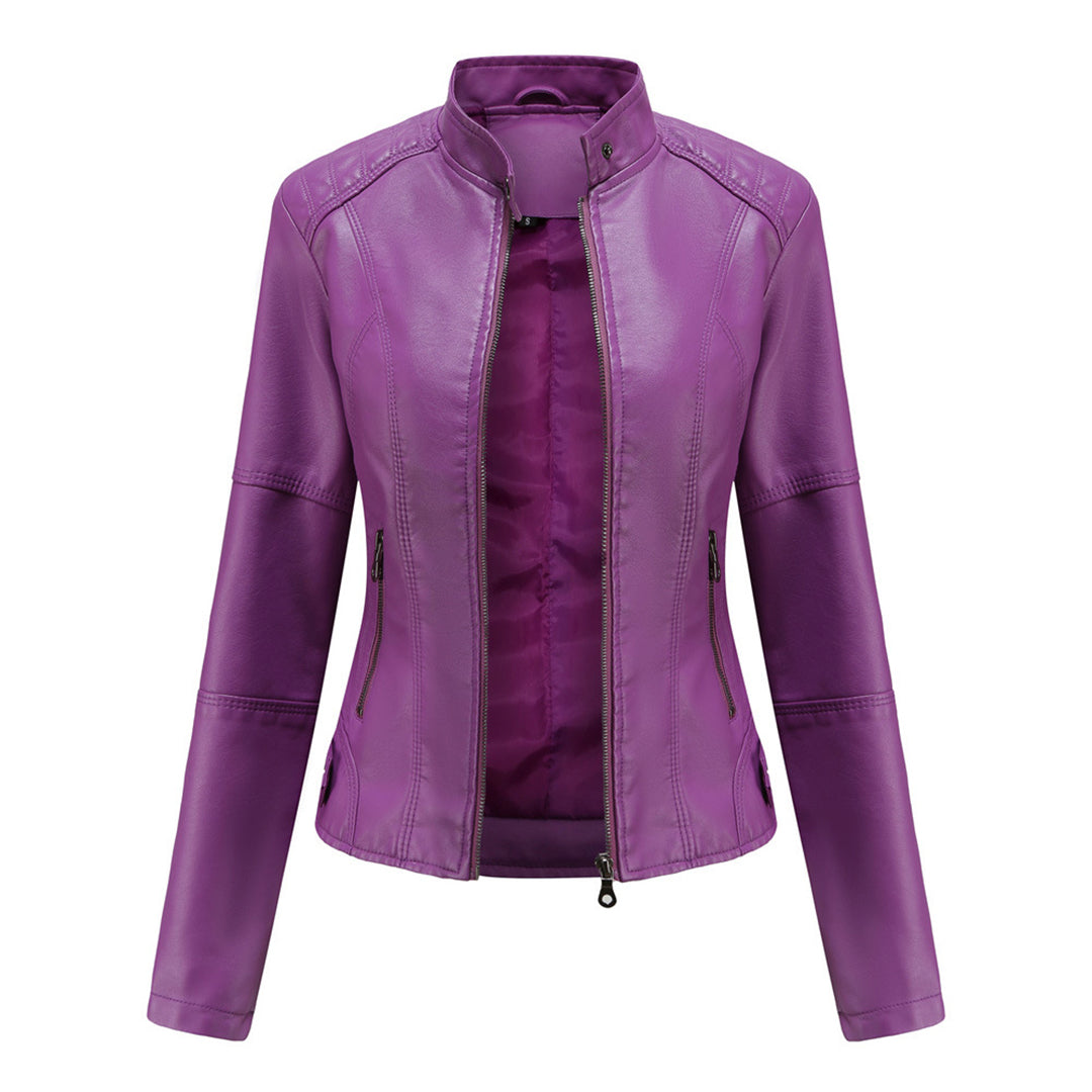 Women's black stand collar biker jacket tailored fit with front zip closure edgy structured silhouette