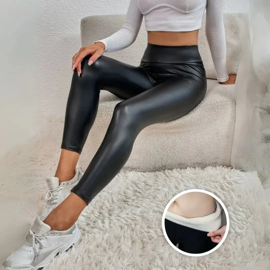 Violet high-waist fleece-lined faux leather leggings for women with sleek finish and cozy warmth