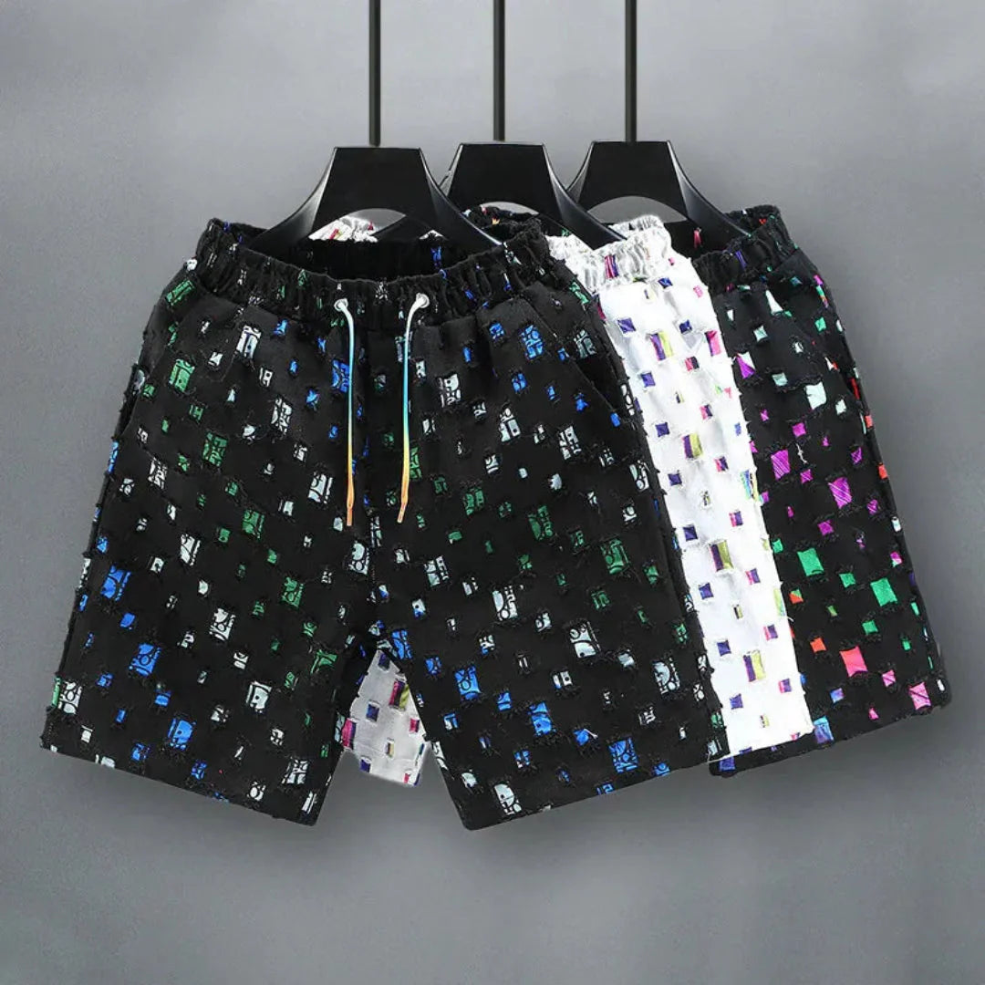 Men's relaxed-fit denim shorts with holographic reflective grid pattern and elastic drawstring waist