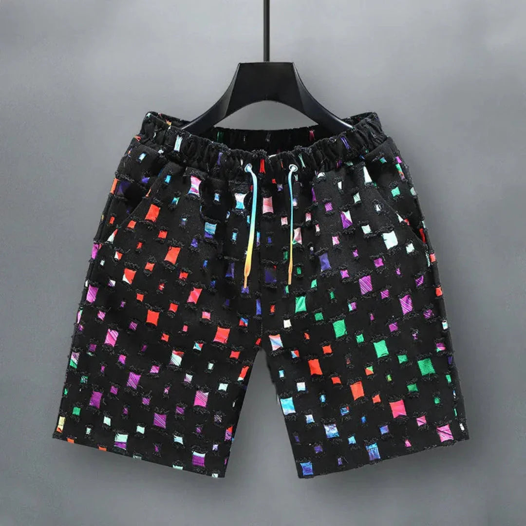 Men's relaxed-fit denim shorts with holographic reflective grid pattern and elastic drawstring waist