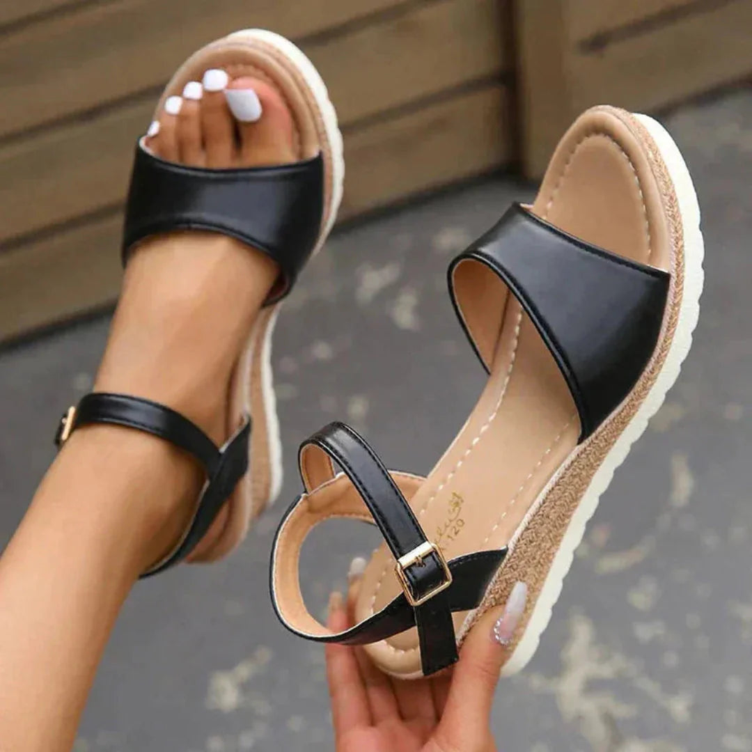 Women's open-toe espadrille wedge sandals with PU faux leather upper and adjustable ankle strap
