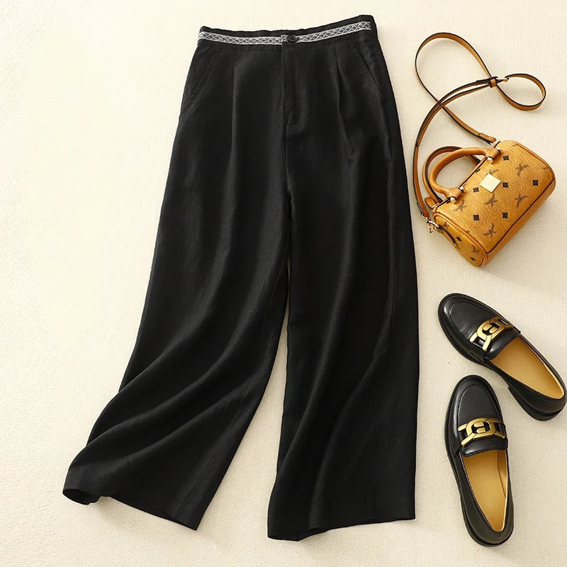 Vivienne Luxe wide-leg linen trousers women tailored woven waistband breathable lightweight blend