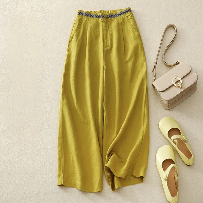 Women's wide-leg linen trousers tailored woven waistband breathable lightweight blend Vivienne Luxe