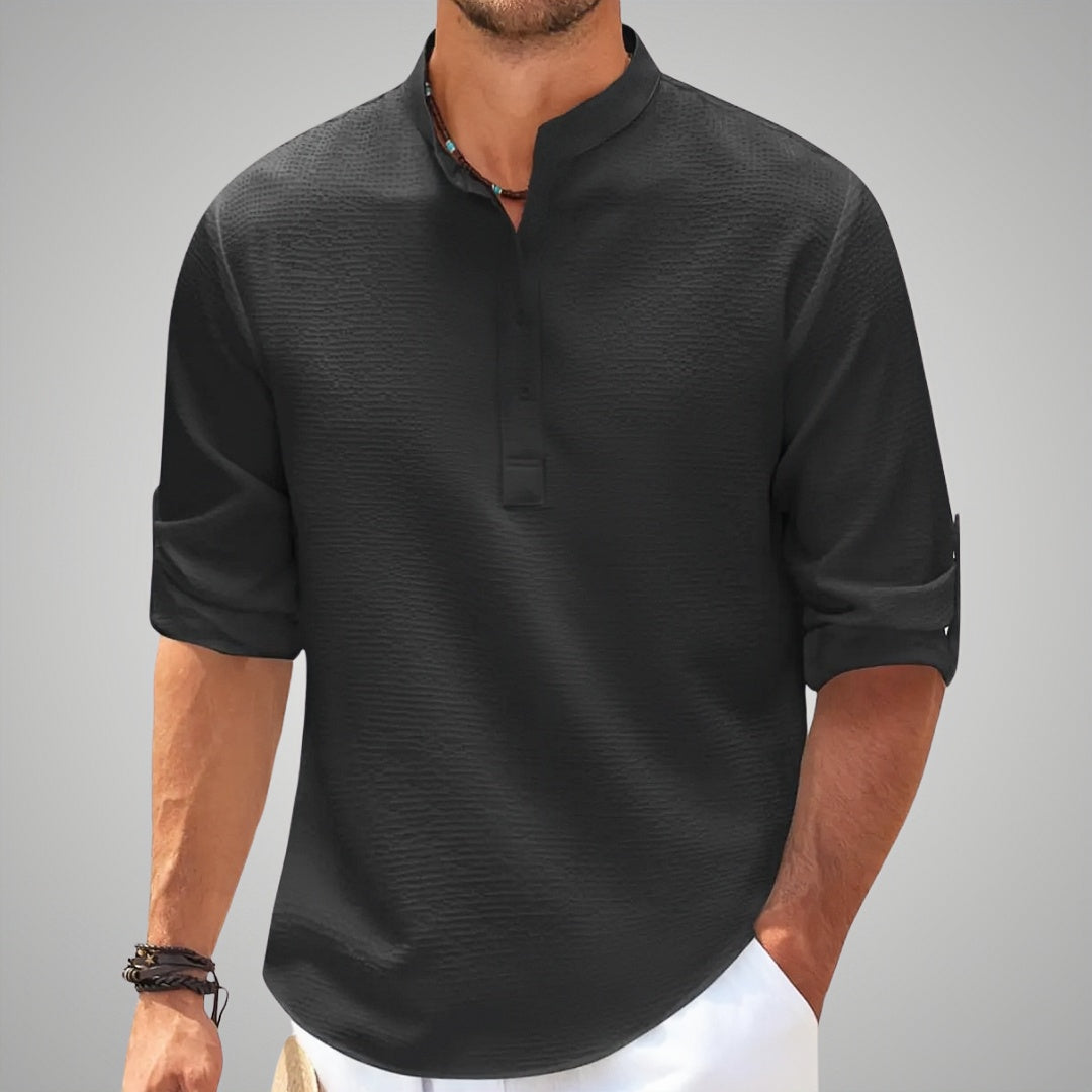 Men's burgundy waffle knit henley shirt grandad collar long sleeve textured everyday essential
