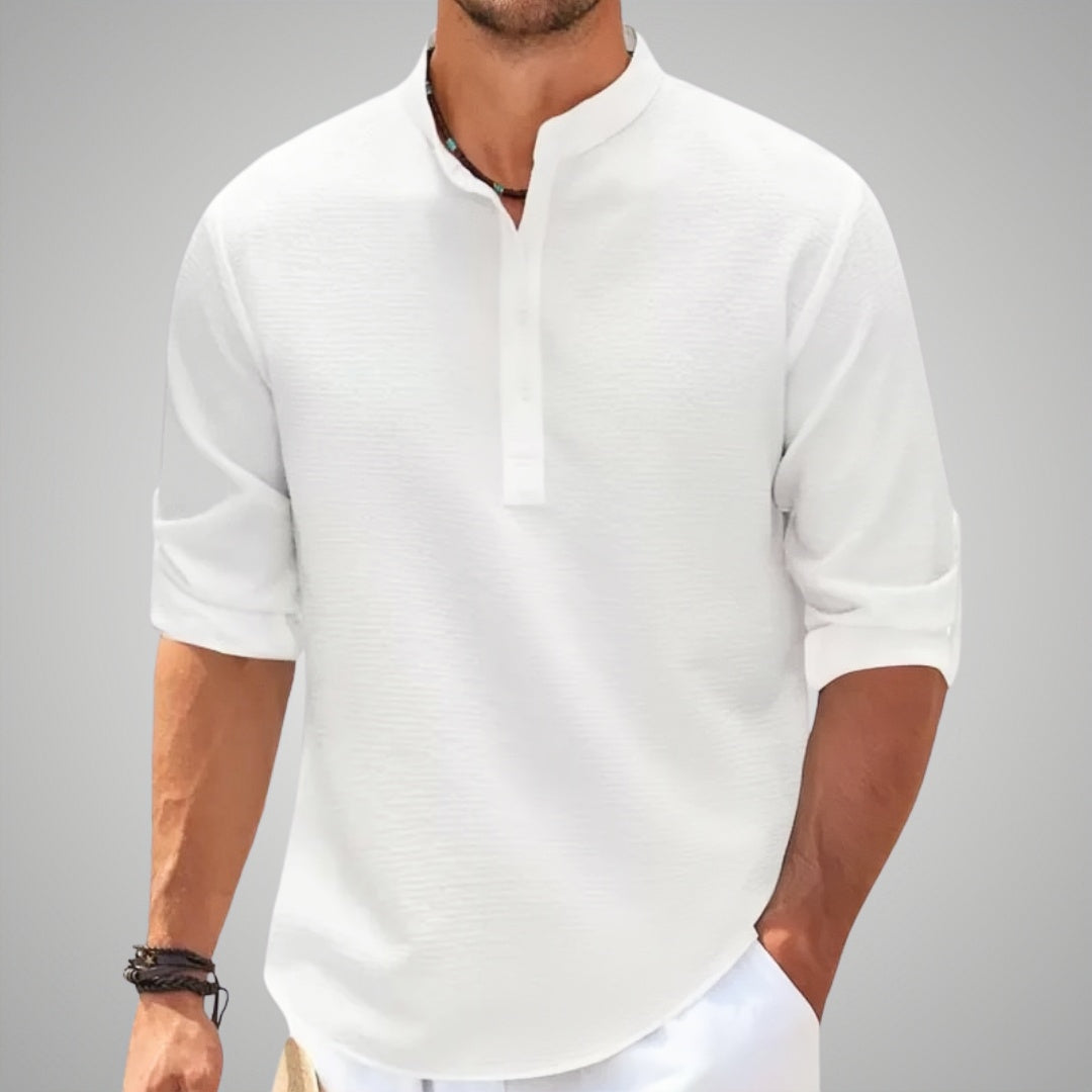Men's burgundy waffle knit Henley shirt with grandad collar and long sleeves for casual everyday wear