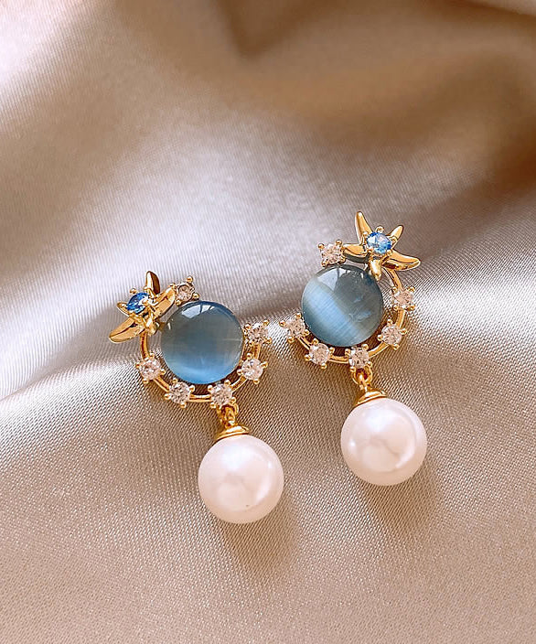 Boucles d'oreilles pendantes en pierre œil de chat avec perle et zircon bleu surdoré Vogue - Urbann-Vibe