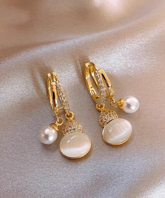 Boucles d'oreilles pendantes Vogue en alliage de cuivre doré et zircon œil de chat avec perle et gourde - Urbann-Vibe