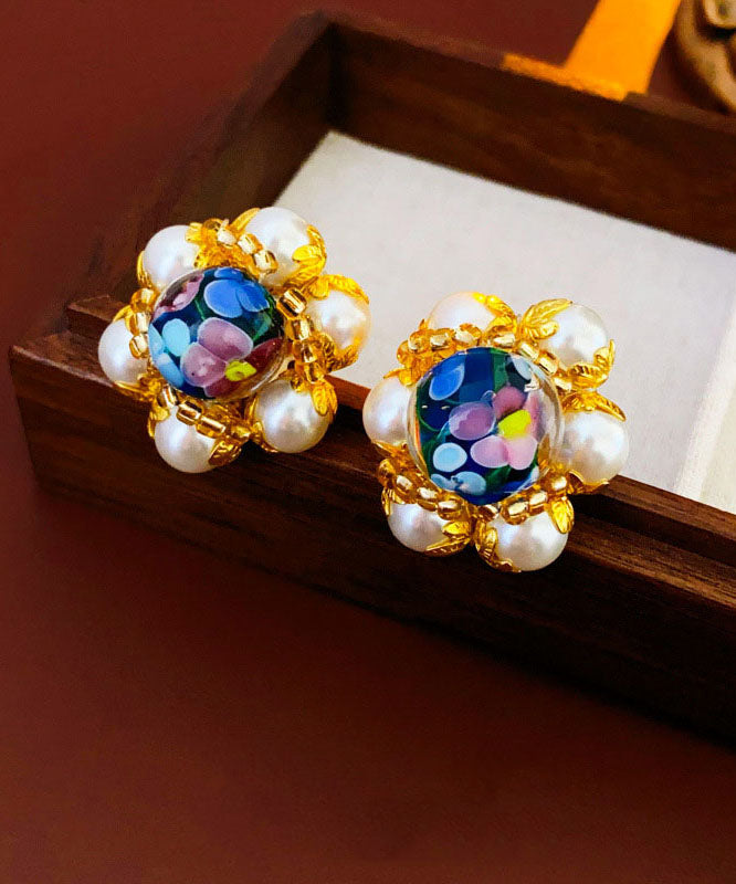 Boucles d'oreilles à tige en perles florales émaillées colorées Vogue Gold Copper Overgild - Urbann-Vibe