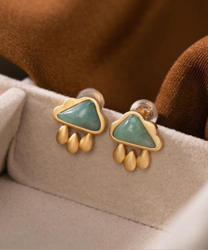 Boucles d'oreilles à tige en argent sterling et jade vert surdoré en forme de goutte d'eau - Urbann-Vibe
